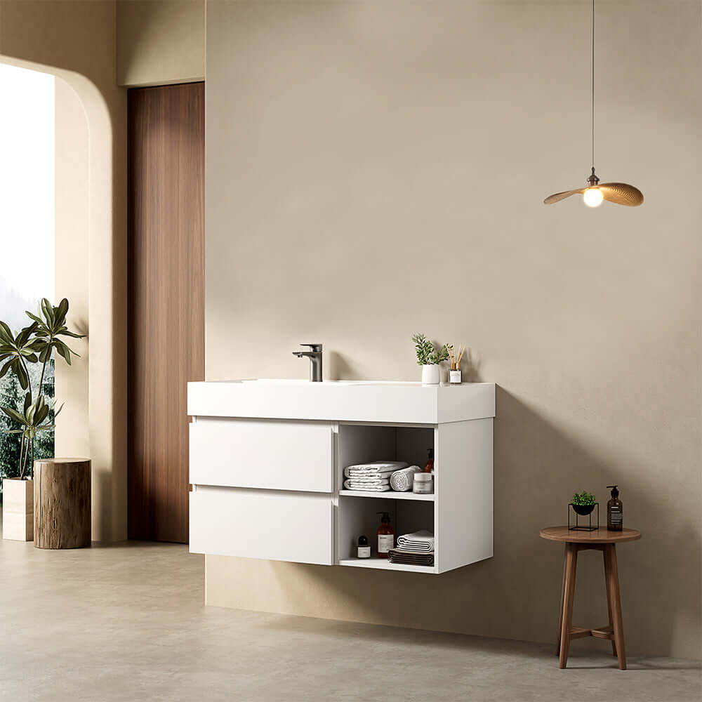 Mobile bagno sospeso 100 cm Bianco Lavabo a Sinistra in Resina Senza Specchio - Fiji Paint Plus