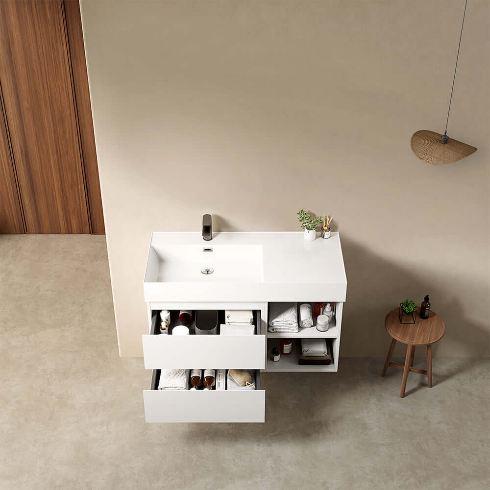 Mobile bagno sospeso 100 cm Bianco Lavabo a Sinistra in Resina Senza Specchio - Fiji Paint Plus