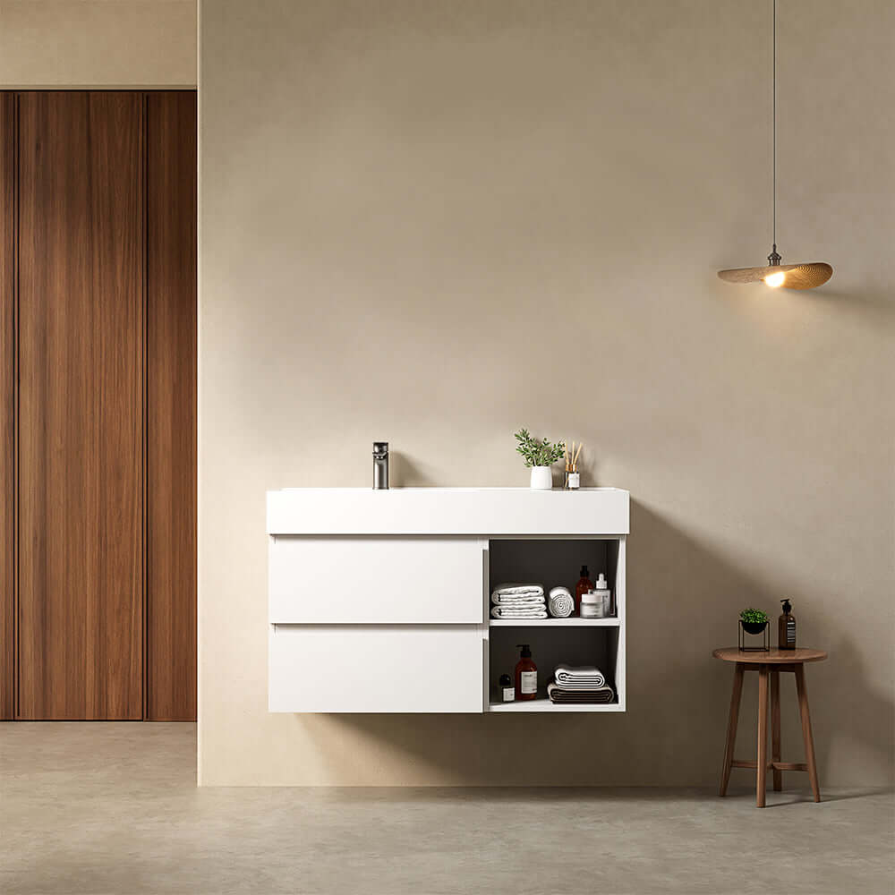 Mobile bagno sospeso 100 cm Bianco Lavabo a Sinistra in Resina Senza Specchio - Fiji Paint Plus