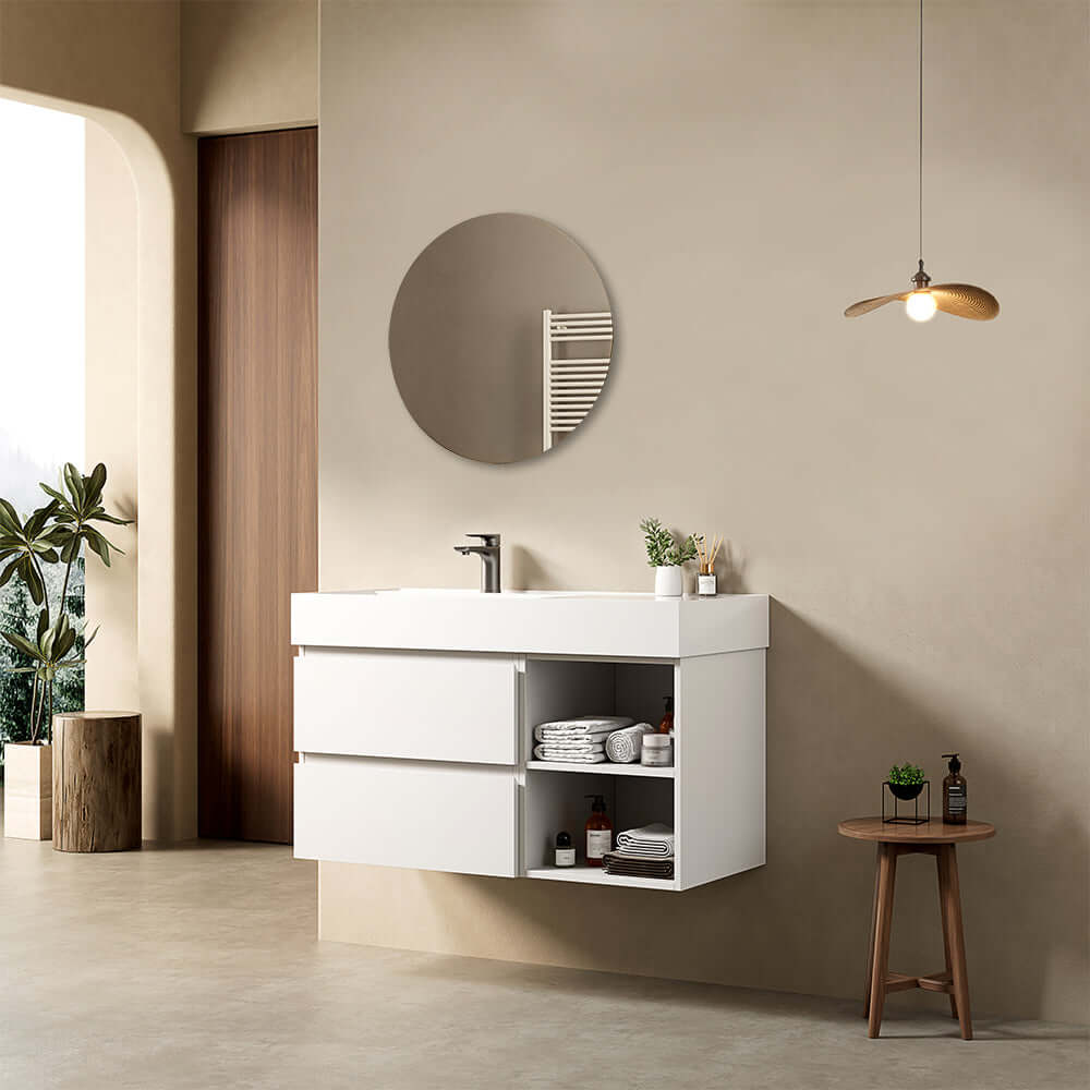 Mobile bagno sospeso 100 cm Bianco Lavabo a Sinistra in Resina Specchio Tondo - Fiji Paint Plus