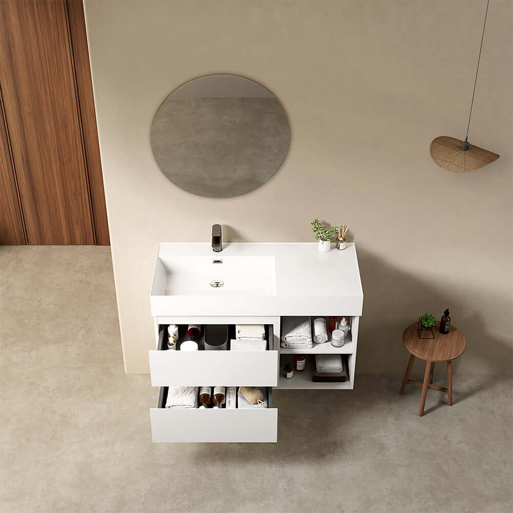 Mobile bagno sospeso 100 cm Bianco Lavabo a Sinistra in Resina Specchio Tondo - Fiji Paint Plus