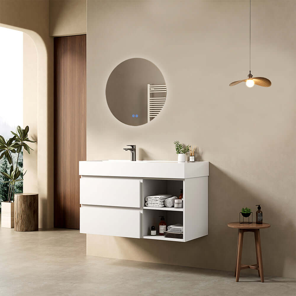 Mobile bagno sospeso 100 cm Bianco Lavabo a Sinistra in Resina Specchio Tondo Retroilluminato - Fiji Paint Plus