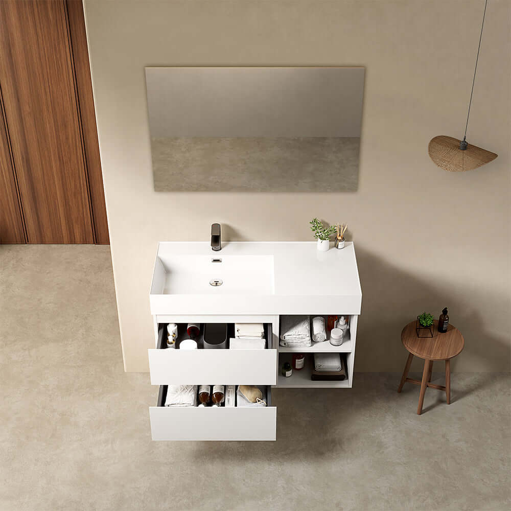 Mobile bagno sospeso 100 cm Bianco Lavabo a Sinistra in Resina Specchio Quadro - Fiji Paint Plus