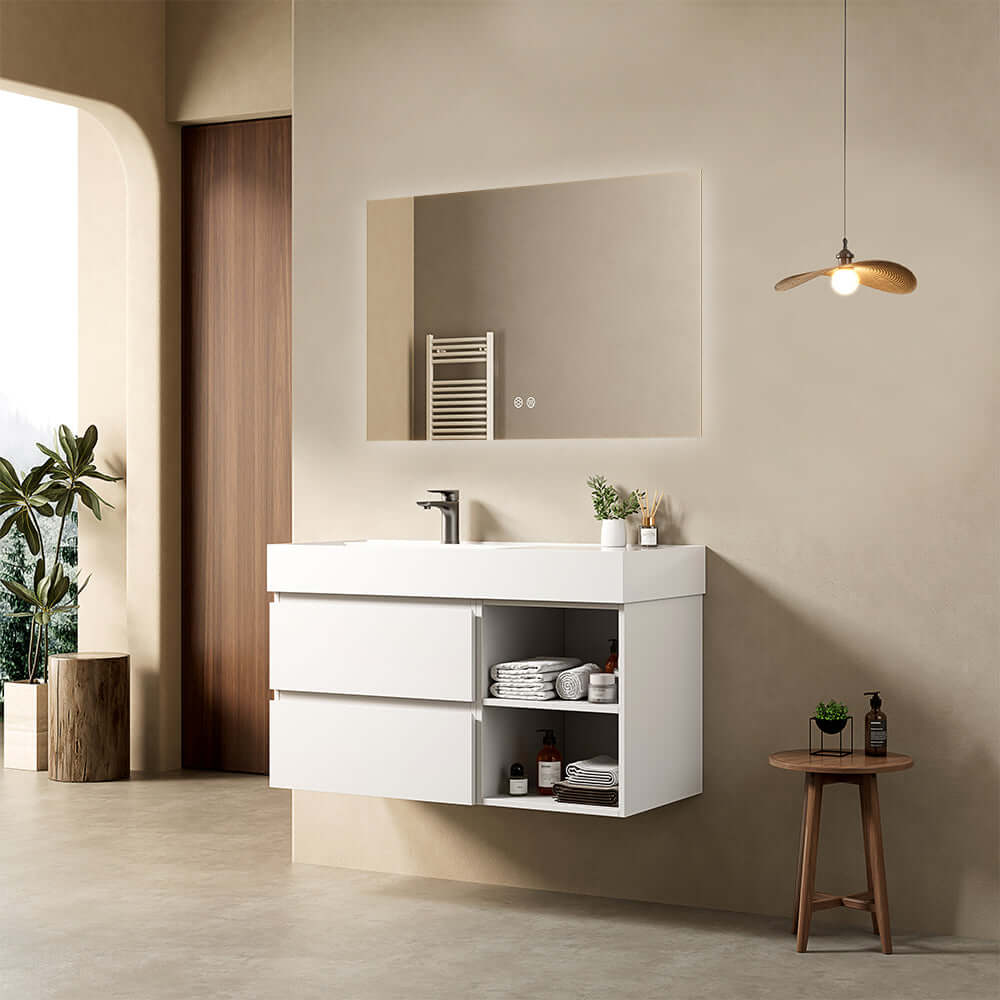 Mobile bagno sospeso 100 cm Bianco Lavabo a Sinistra in Resina Specchio Quadro Retroilluminato - Fiji Paint Plus