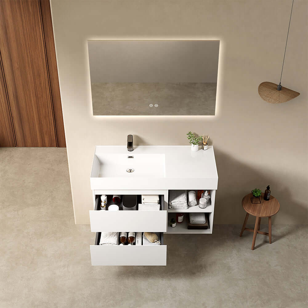 Mobile bagno sospeso 100 cm Bianco Lavabo a Sinistra in Resina Specchio Quadro Retroilluminato - Fiji Paint Plus