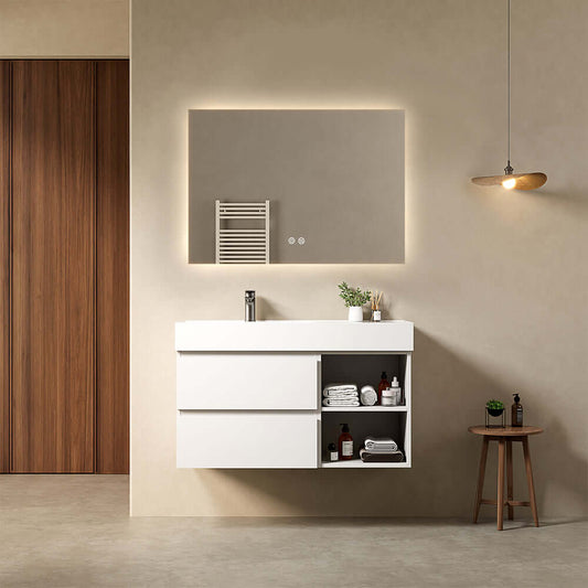 Mobile bagno sospeso 100 cm Bianco Lavabo a Sinistra in Resina Specchio Quadro Retroilluminato - Fiji Paint Plus