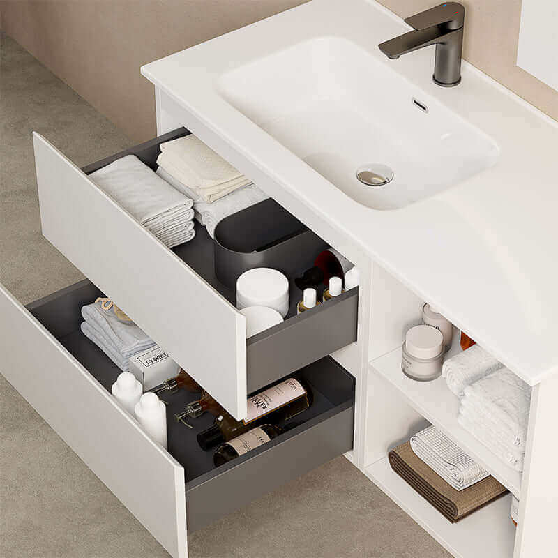 Mobile bagno sospeso 100 cm Bianco Lavabo a Sinistra in Ceramica Specchio Quadro - Fiji Paint Plus