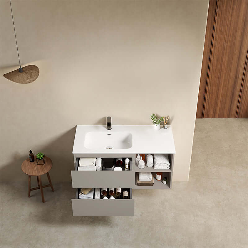 Mobile bagno sospeso 100 cm Grigio Cenere Lavabo a Sinistra in Ceramica Senza Specchio - Fiji Paint Plus
