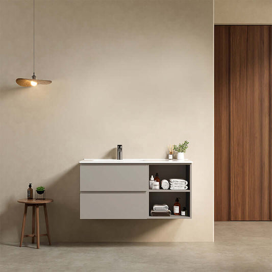 Mobile bagno sospeso 100 cm Grigio Cenere Lavabo a Sinistra in Ceramica Senza Specchio - Fiji Paint Plus