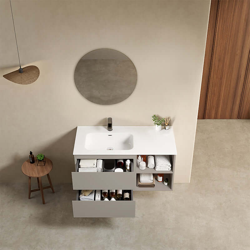 Mobile bagno sospeso 100 cm Grigio Cenere Lavabo a Sinistra in Ceramica Specchio Tondo - Fiji Paint Plus