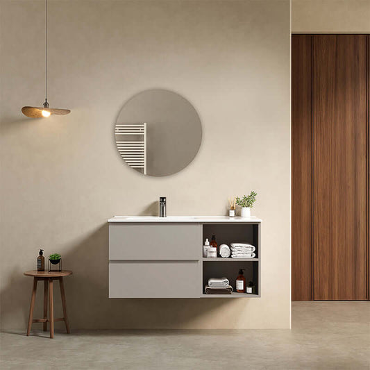 Mobile bagno sospeso 100 cm Grigio Cenere Lavabo a Sinistra in Ceramica Specchio Tondo - Fiji Paint Plus