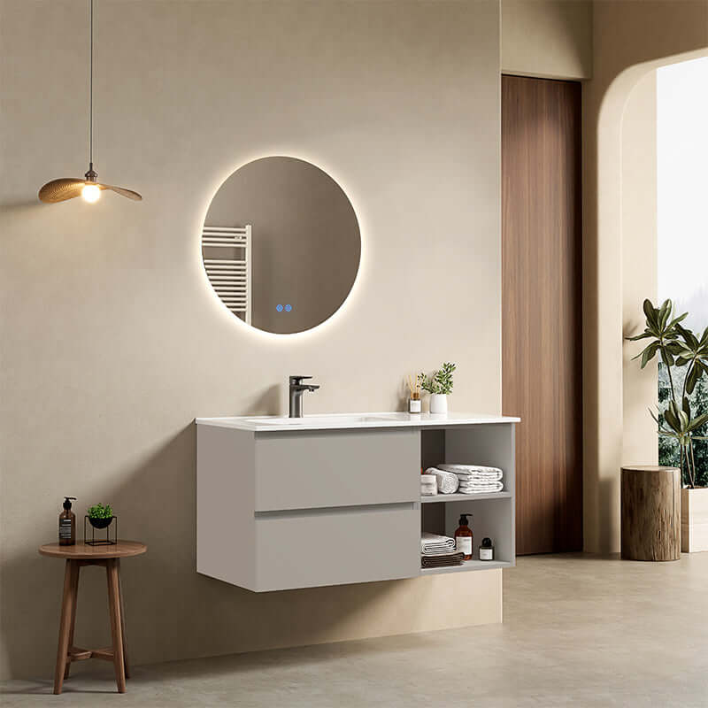Mobile bagno sospeso 100 cm Grigio Cenere Lavabo a Sinistra in Ceramica Specchio Tondo Retroilluminato - Fiji Paint Plus