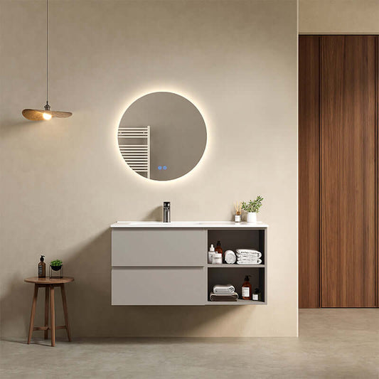 Mobile bagno sospeso 100 cm Grigio Cenere Lavabo a Sinistra in Ceramica Specchio Tondo Retroilluminato - Fiji Paint Plus