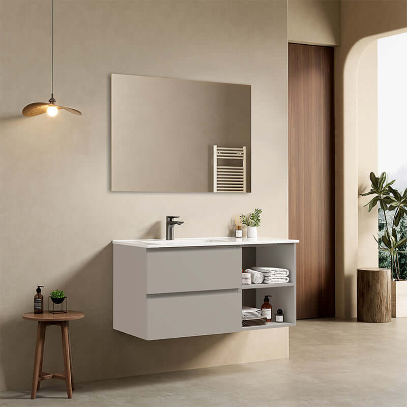 Mobile bagno sospeso 100 cm Grigio Cenere Lavabo a Sinistra in Ceramica Specchio Quadro - Fiji Paint Plus