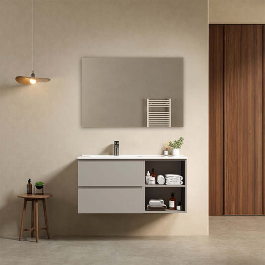 Mobile bagno sospeso 100 cm Grigio Cenere Lavabo a Sinistra in Ceramica Specchio Quadro - Fiji Paint Plus