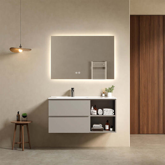 Mobile bagno sospeso 100 cm Grigio Cenere Lavabo a Sinistra in Ceramica Specchio Quadro Retroilluminato - Fiji Paint Plus