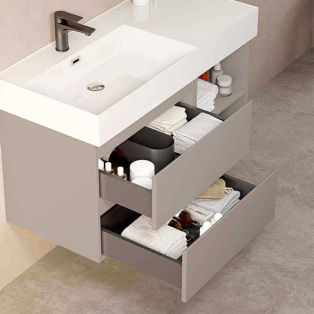 Mobile bagno sospeso 100 cm Grigio Cenere Lavabo a Sinistra in Resina Specchio Quadro Retroilluminato - Fiji Paint Plus