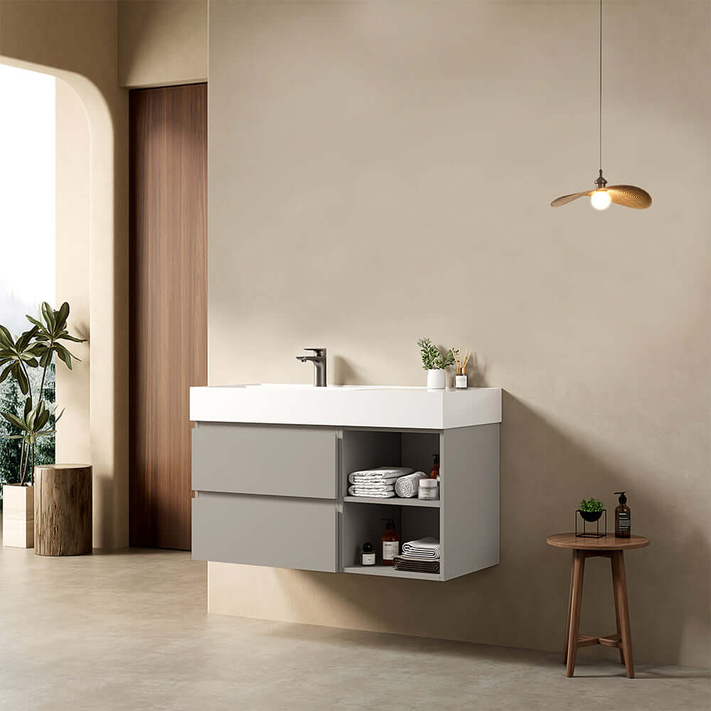 Mobile bagno sospeso 100 cm Grigio Cenere Lavabo a Sinistra in Resina Senza Specchio - Fiji Paint Plus