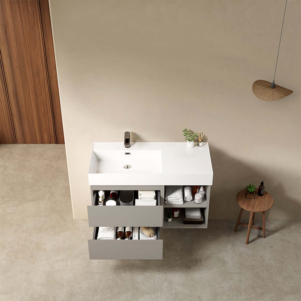 Mobile bagno sospeso 100 cm Grigio Cenere Lavabo a Sinistra in Resina Senza Specchio - Fiji Paint Plus