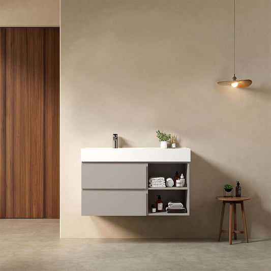 Mobile bagno sospeso 100 cm Grigio Cenere Lavabo a Sinistra in Resina Senza Specchio - Fiji Paint Plus