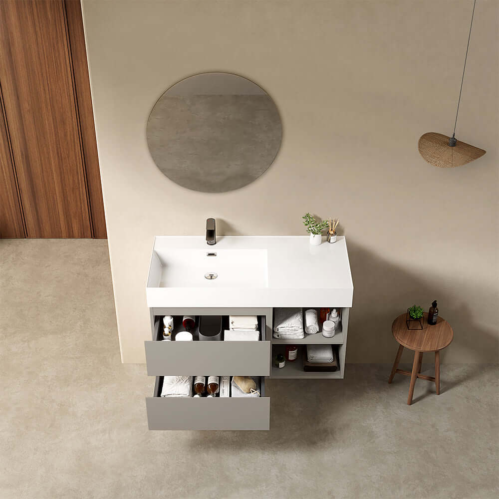 Mobile bagno sospeso 100 cm Grigio Cenere Lavabo a Sinistra in Resina Specchio Tondo - Fiji Paint Plus
