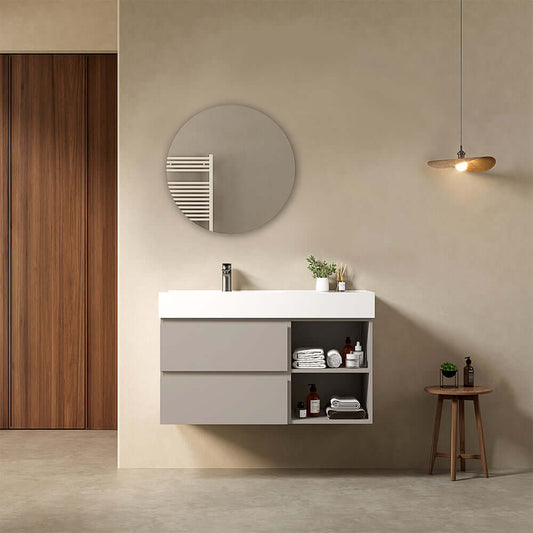 Mobile bagno sospeso 100 cm Grigio Cenere Lavabo a Sinistra in Resina Specchio Tondo - Fiji Paint Plus