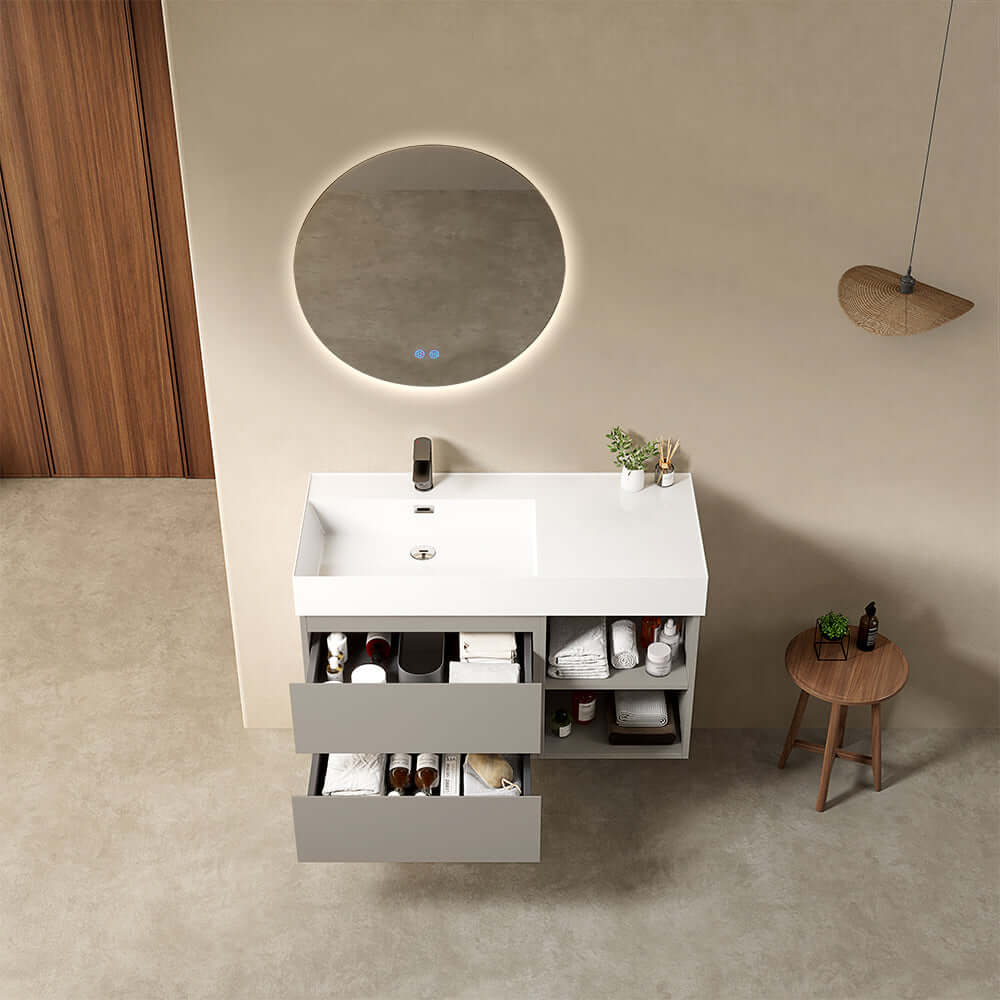 Mobile bagno sospeso 100 cm Grigio Cenere Lavabo a Sinistra in Resina Specchio Tondo Retroilluminato - Fiji Paint Plus