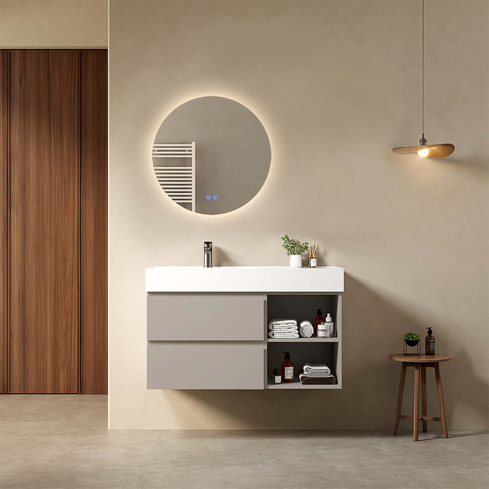 Mobile bagno sospeso 100 cm Grigio Cenere Lavabo a Sinistra in Resina Specchio Tondo Retroilluminato - Fiji Paint Plus