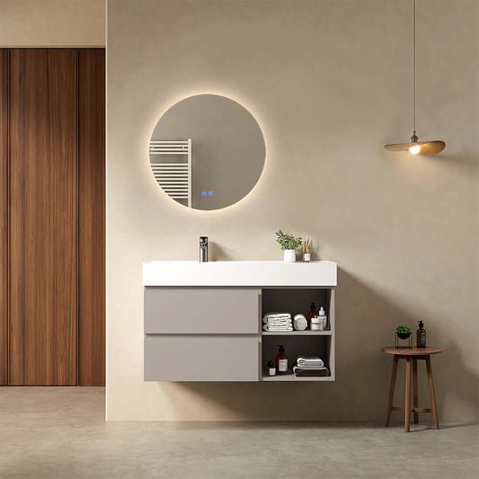 Mobile bagno sospeso 100 cm Grigio Cenere Lavabo a Sinistra in Resina Specchio Tondo Retroilluminato - Fiji Paint Plus