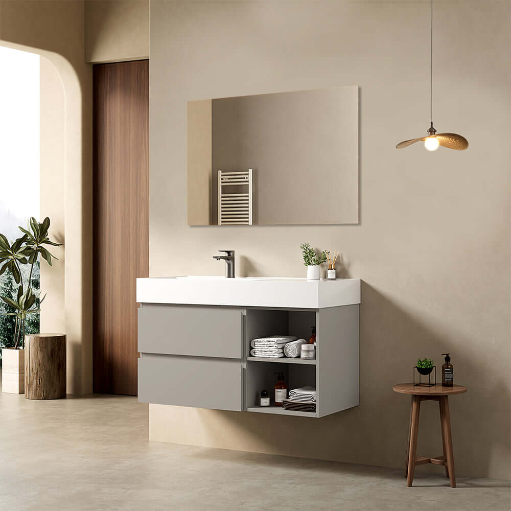 Mobile bagno sospeso 100 cm Grigio Cenere Lavabo a Sinistra in Resina Specchio Quadro - Fiji Paint Plus