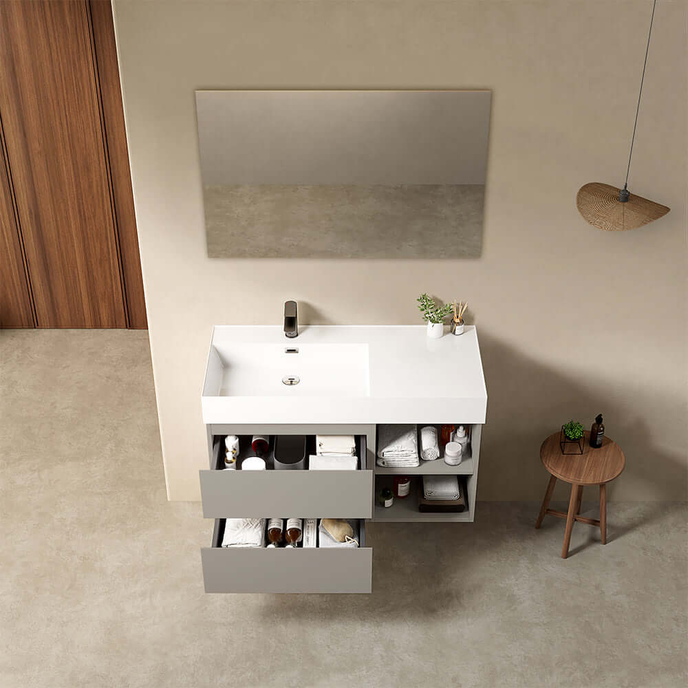 Mobile bagno sospeso 100 cm Grigio Cenere Lavabo a Sinistra in Resina Specchio Quadro - Fiji Paint Plus