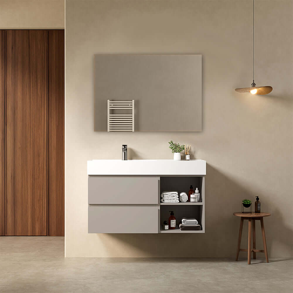 Mobile bagno sospeso 100 cm Grigio Cenere Lavabo a Sinistra in Resina Specchio Quadro - Fiji Paint Plus