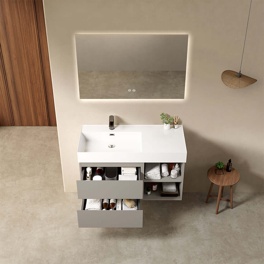 Mobile bagno sospeso 100 cm Grigio Cenere Lavabo a Sinistra in Resina Specchio Quadro Retroilluminato - Fiji Paint Plus