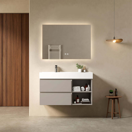 Mobile bagno sospeso 100 cm Grigio Cenere Lavabo a Sinistra in Resina Specchio Quadro Retroilluminato - Fiji Paint Plus