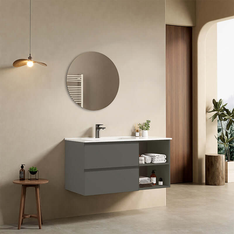 Mobile bagno sospeso 100 cm Grigio Londra Lavabo a Sinistra in Ceramica Specchio Tondo - Fiji Paint Plus