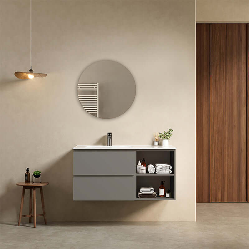 Mobile bagno sospeso 100 cm Grigio Londra Lavabo a Sinistra in Ceramica Specchio Tondo - Fiji Paint Plus
