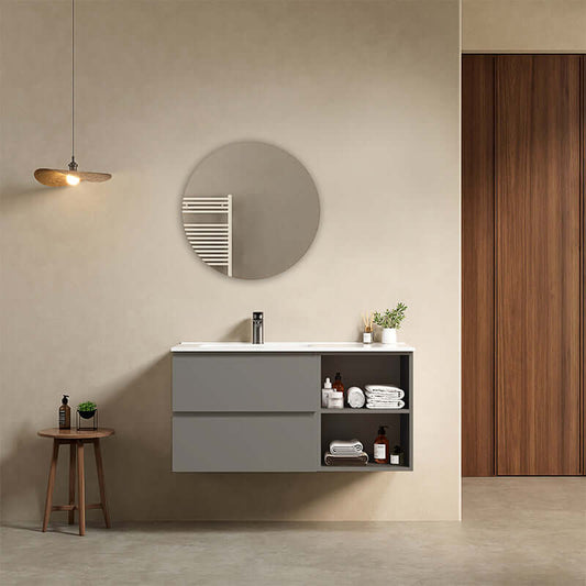Mobile bagno sospeso 100 cm Grigio Londra Lavabo a Sinistra in Ceramica Specchio Tondo - Fiji Paint Plus