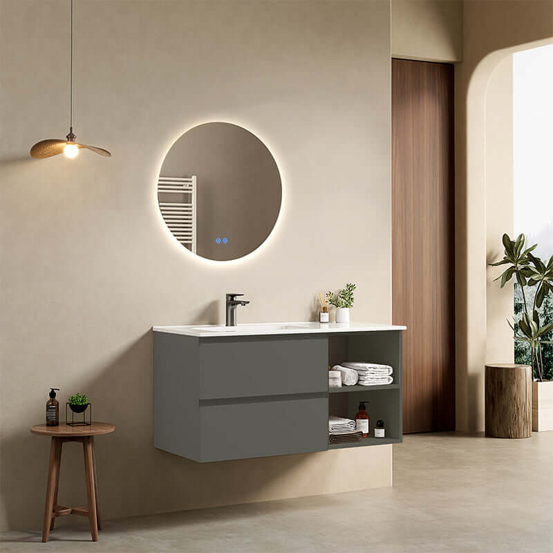 Mobile bagno sospeso 100 cm Grigio Londra Lavabo a Sinistra in Ceramica Specchio Tondo Retroilluminato - Fiji Paint Plus