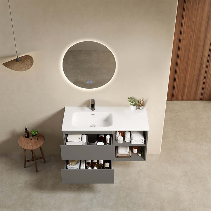 Mobile bagno sospeso 100 cm Grigio Londra Lavabo a Sinistra in Ceramica Specchio Tondo Retroilluminato - Fiji Paint Plus