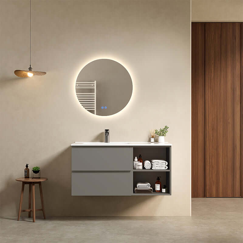Mobile bagno sospeso 100 cm Grigio Londra Lavabo a Sinistra in Ceramica Specchio Tondo Retroilluminato - Fiji Paint Plus