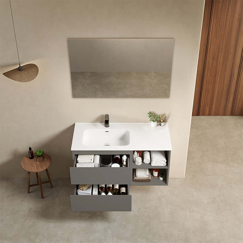 Mobile bagno sospeso 100 cm Grigio Londra Lavabo a Sinistra in Ceramica Specchio Quadro - Fiji Paint Plus