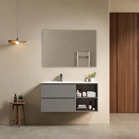 Mobile bagno sospeso 100 cm Grigio Londra Lavabo a Sinistra in Ceramica Specchio Quadro - Fiji Paint Plus