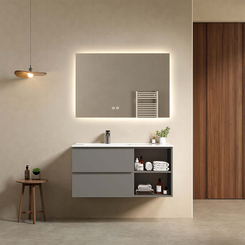 Mobile bagno sospeso 100 cm Grigio Londra Lavabo a Sinistra in Ceramica Specchio Quadro Retroilluminato - Fiji Paint Plus
