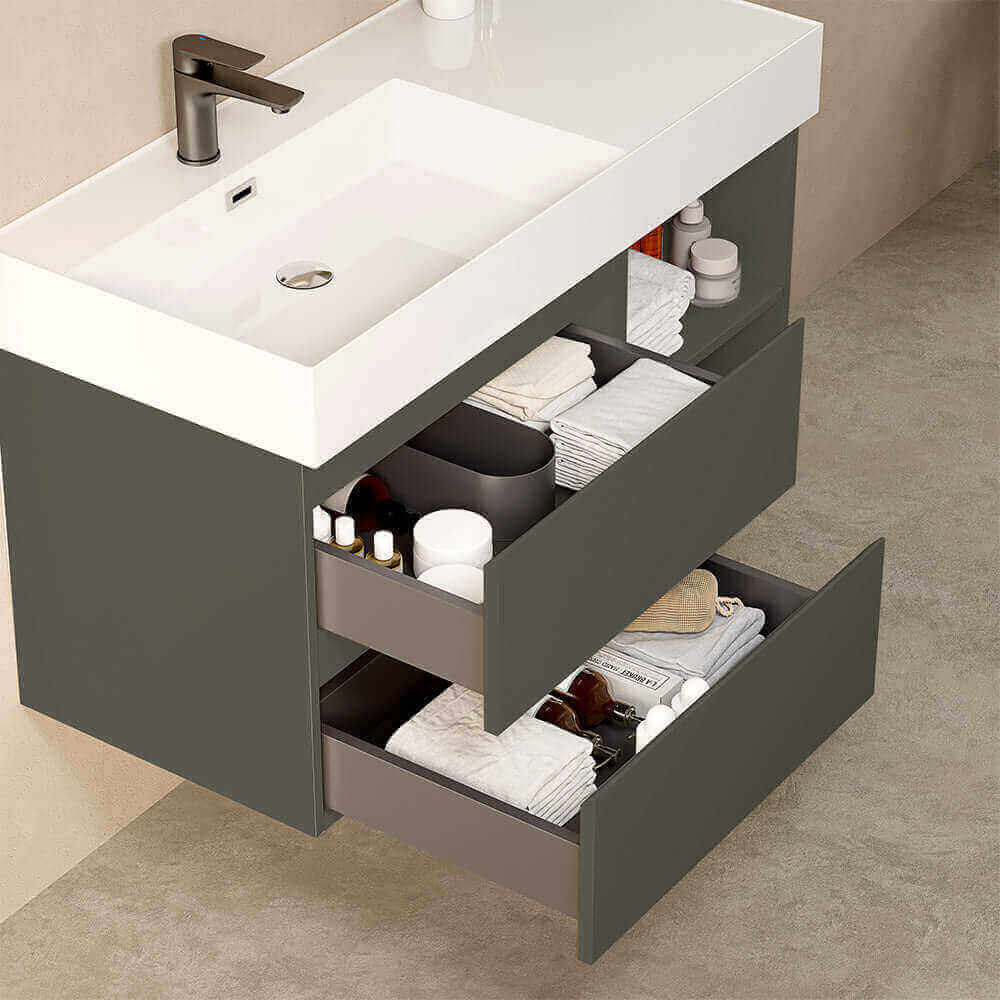 Mobile bagno sospeso 100 cm Grigio Londra Lavabo a Sinistra in Resina Senza Specchio - Fiji Paint Plus