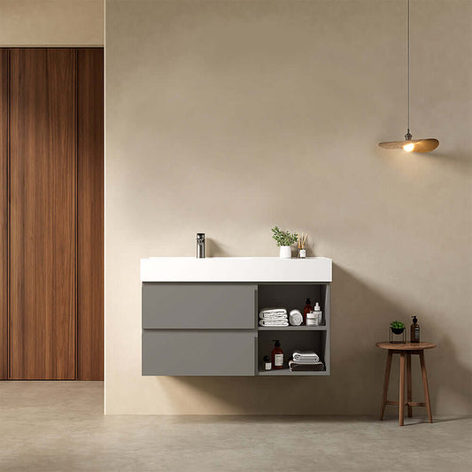 Mobile bagno sospeso 100 cm Grigio Londra Lavabo a Sinistra in Resina Senza Specchio - Fiji Paint Plus
