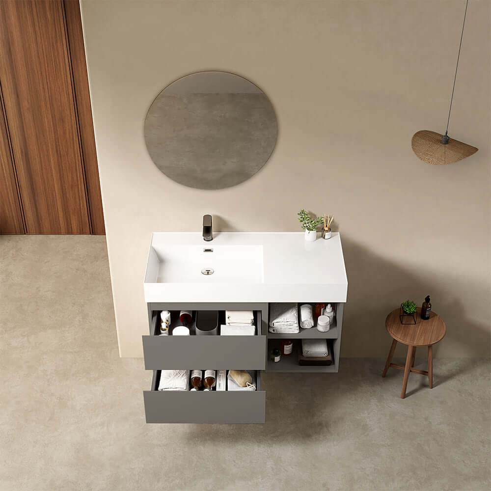 Mobile bagno sospeso 100 cm Grigio Londra Lavabo a Sinistra in Resina Specchio Tondo - Fiji Paint Plus