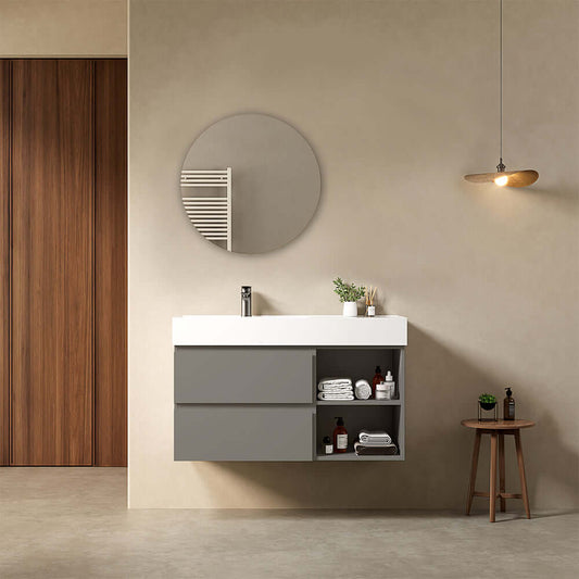 Mobile bagno sospeso 100 cm Grigio Londra Lavabo a Sinistra in Resina Specchio Tondo - Fiji Paint Plus