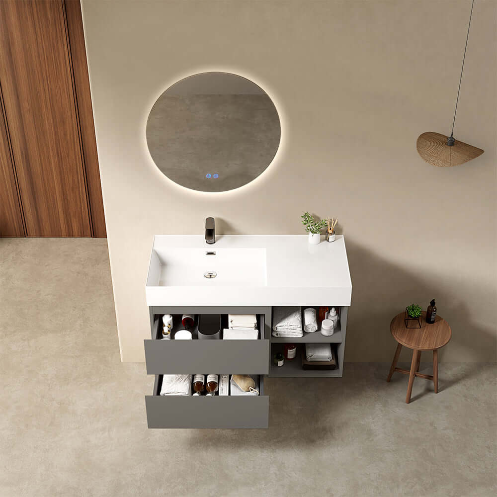 Mobile bagno sospeso 100 cm Grigio Londra Lavabo a Sinistra in Resina Specchio Tondo Retroilluminato - Fiji Paint Plus