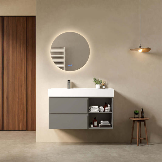 Mobile bagno sospeso 100 cm Grigio Londra Lavabo a Sinistra in Resina Specchio Tondo Retroilluminato - Fiji Paint Plus