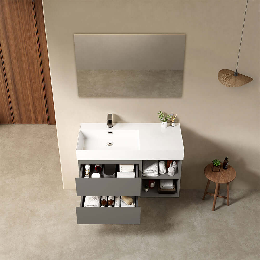 Mobile bagno sospeso 100 cm Grigio Londra Lavabo a Sinistra in Resina Specchio Quadro - Fiji Paint Plus